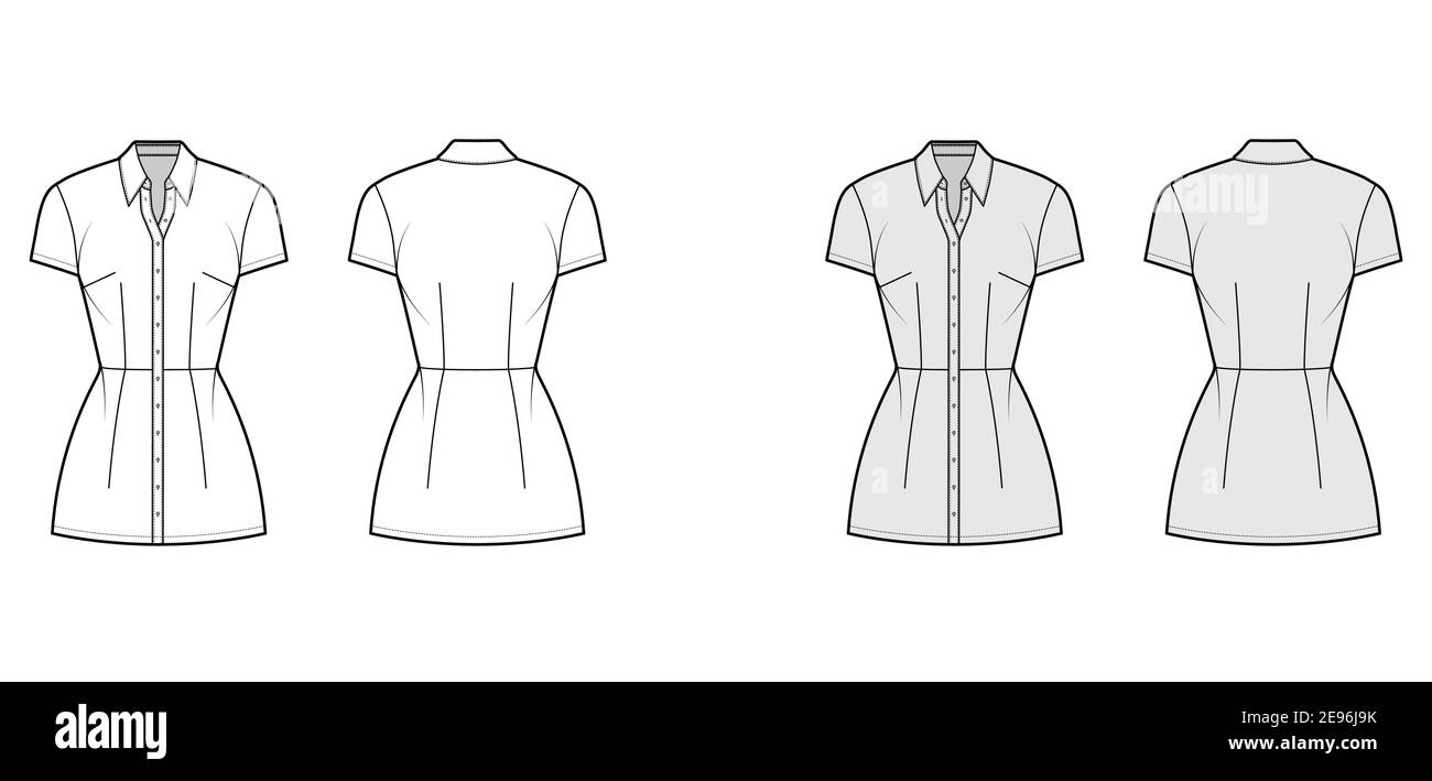 Shirt dress technical fashion illustration with classic regular collar ...
