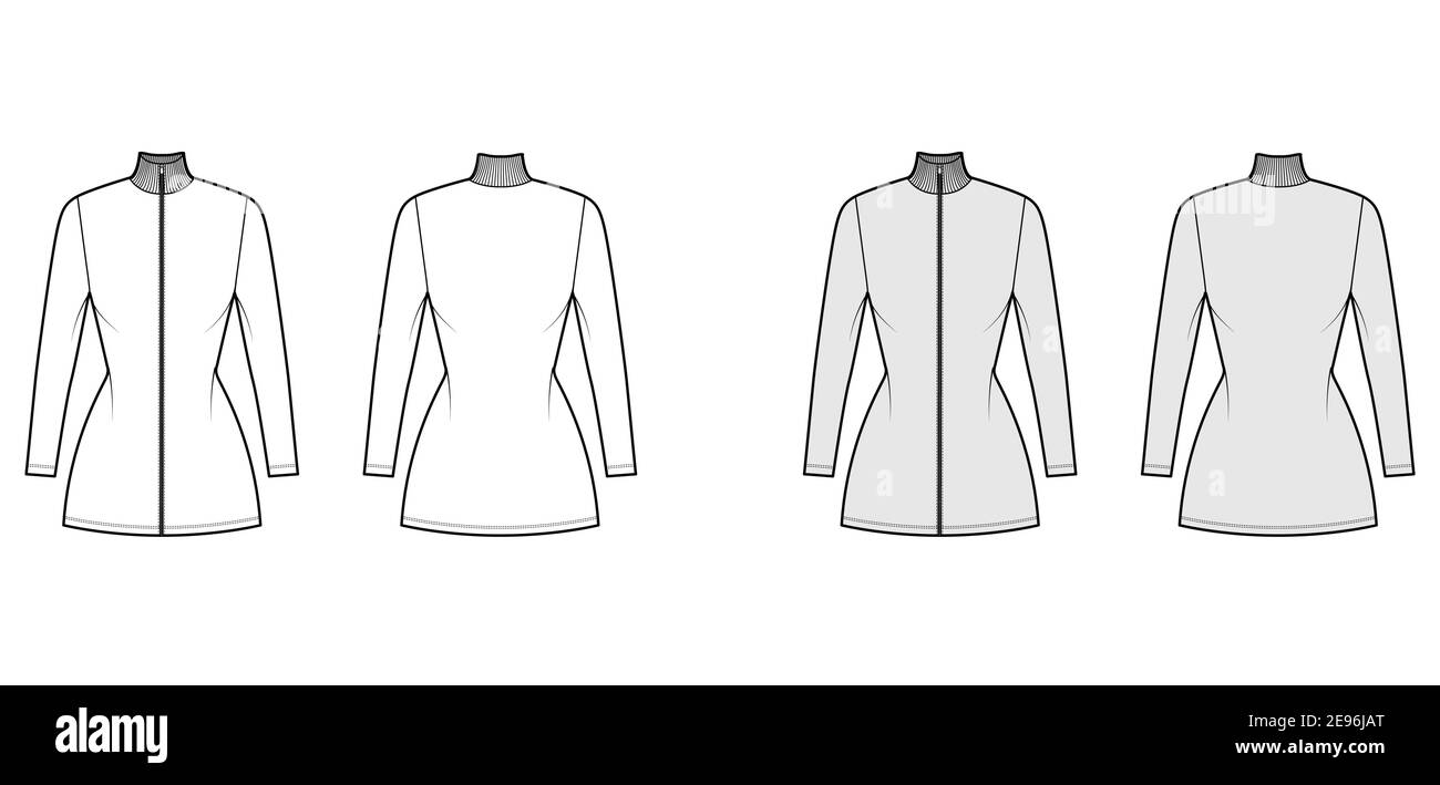 Turtleneck zip-up dress technical fashion illustration with short sleeves, mini length, fitted body, Pencil fullness. Flat apparel template front, back, white, grey color. Women, men unisex CAD mockup Stock Vector