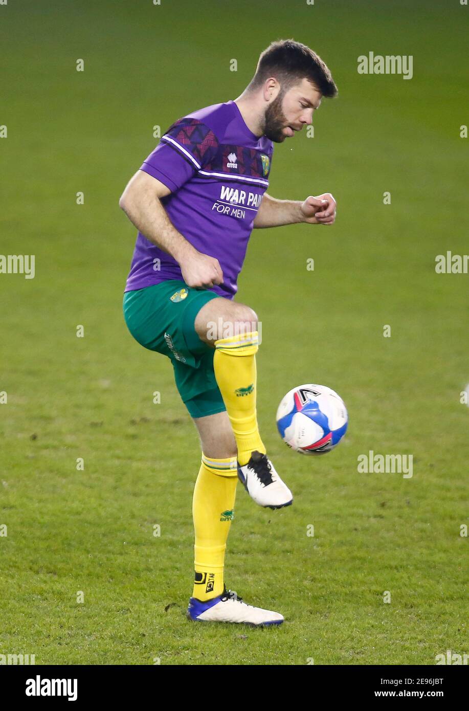LONDON, United Kingdom, FEBRUARY 02: Norwich City's Grant Hanley during the pre-match warm-up during The Sky Bet Championship between Millwall and Norwich City at The Den Stadium, London on 2nd February, 2021 Credit: Action Foto Sport/Alamy Live News Stock Photo