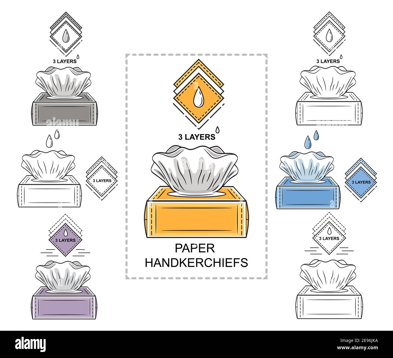 Paper disposable handkerchiefs tissues box icon set. Hygienic napkins for runny nose. Open package with pull wipes. Cleaning facial skin towel. Vector Stock Vector