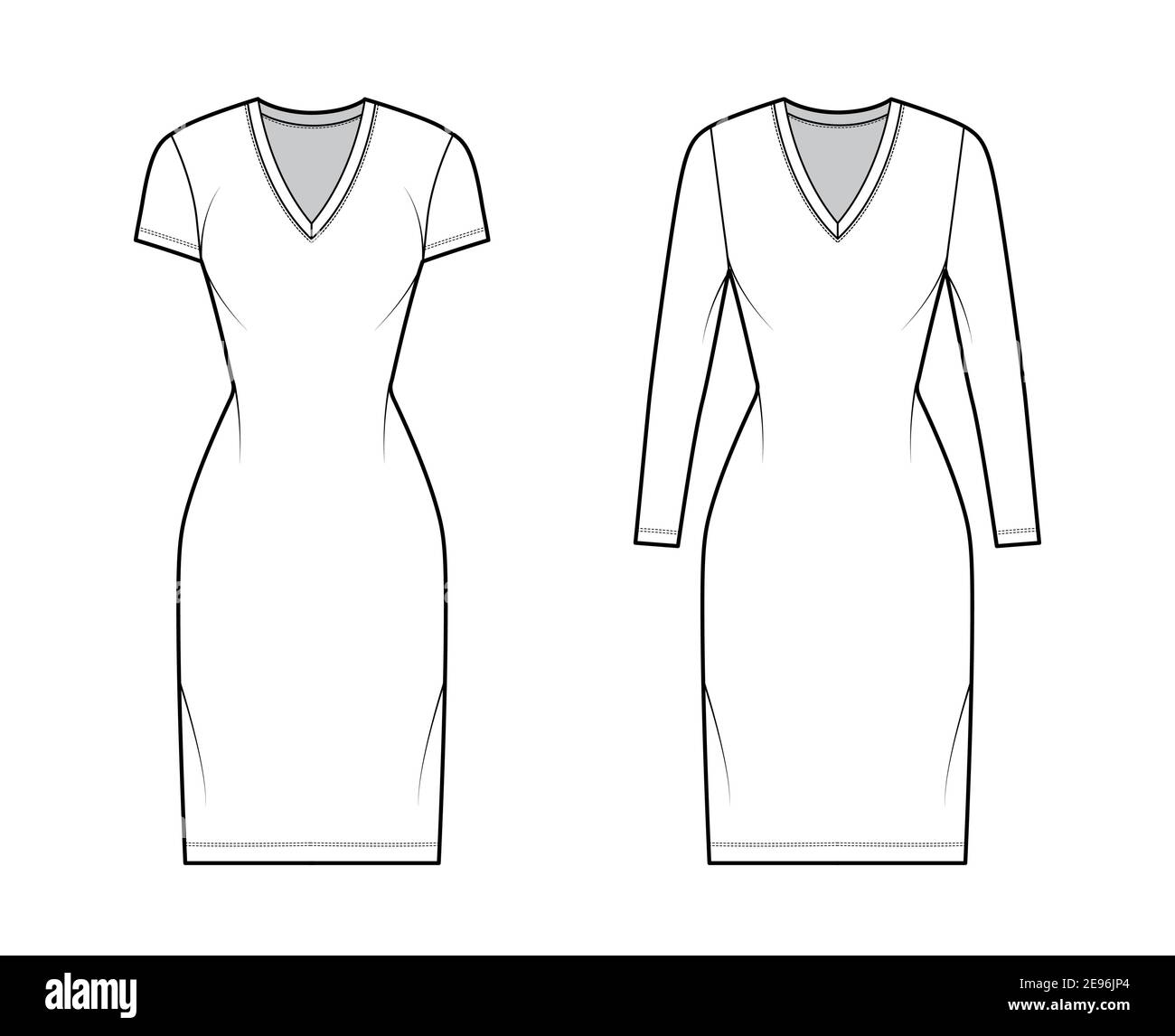 T-shirt dress technical fashion illustration with V-neck, long, short sleeves, knee length, fitted body, Pencil fullness. Flat apparel template front, white color. Women, men, unisex CAD mockup Stock Vector