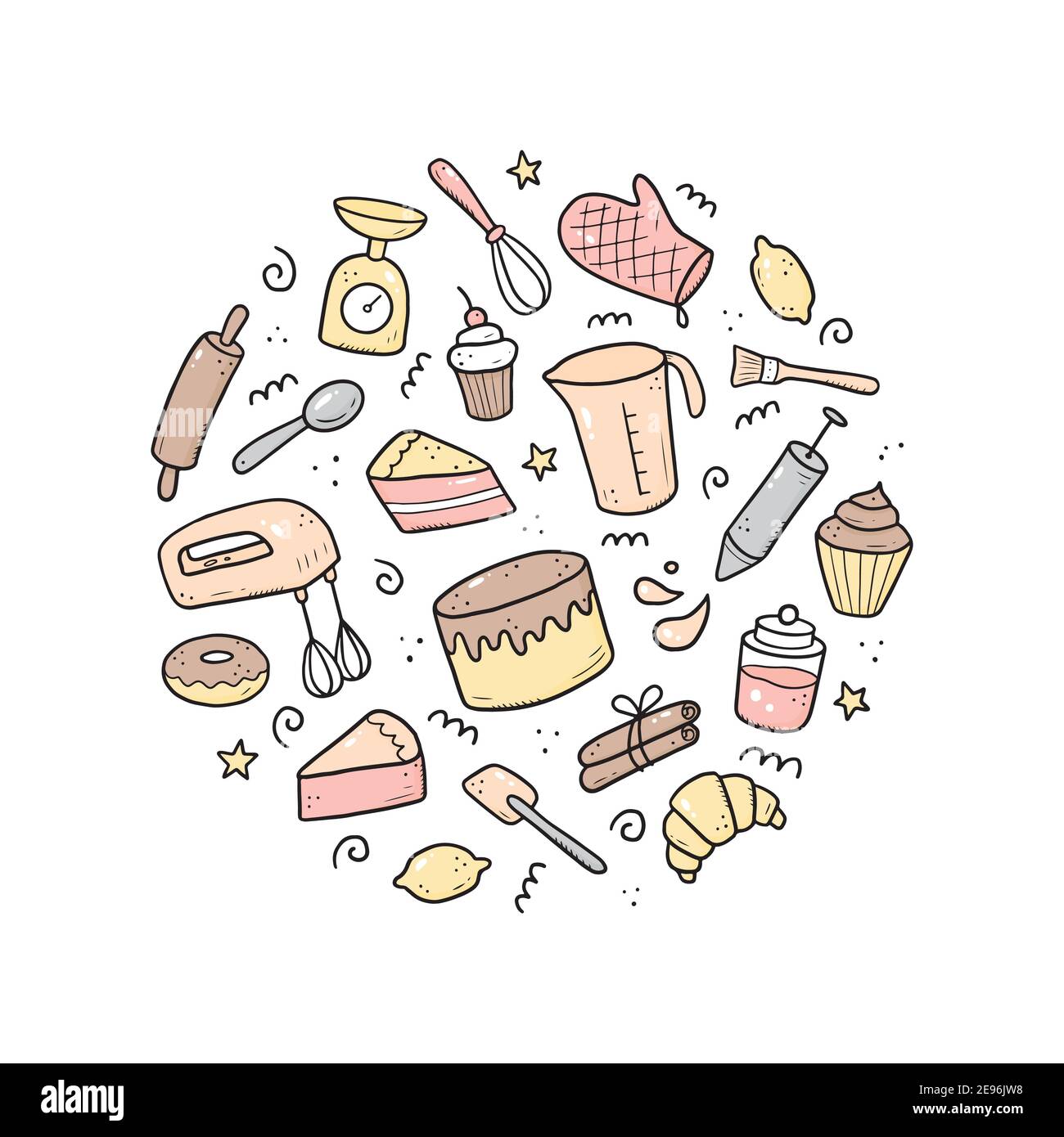 Hand drawn set of baking and cooking elements, mixer, cake, spoon