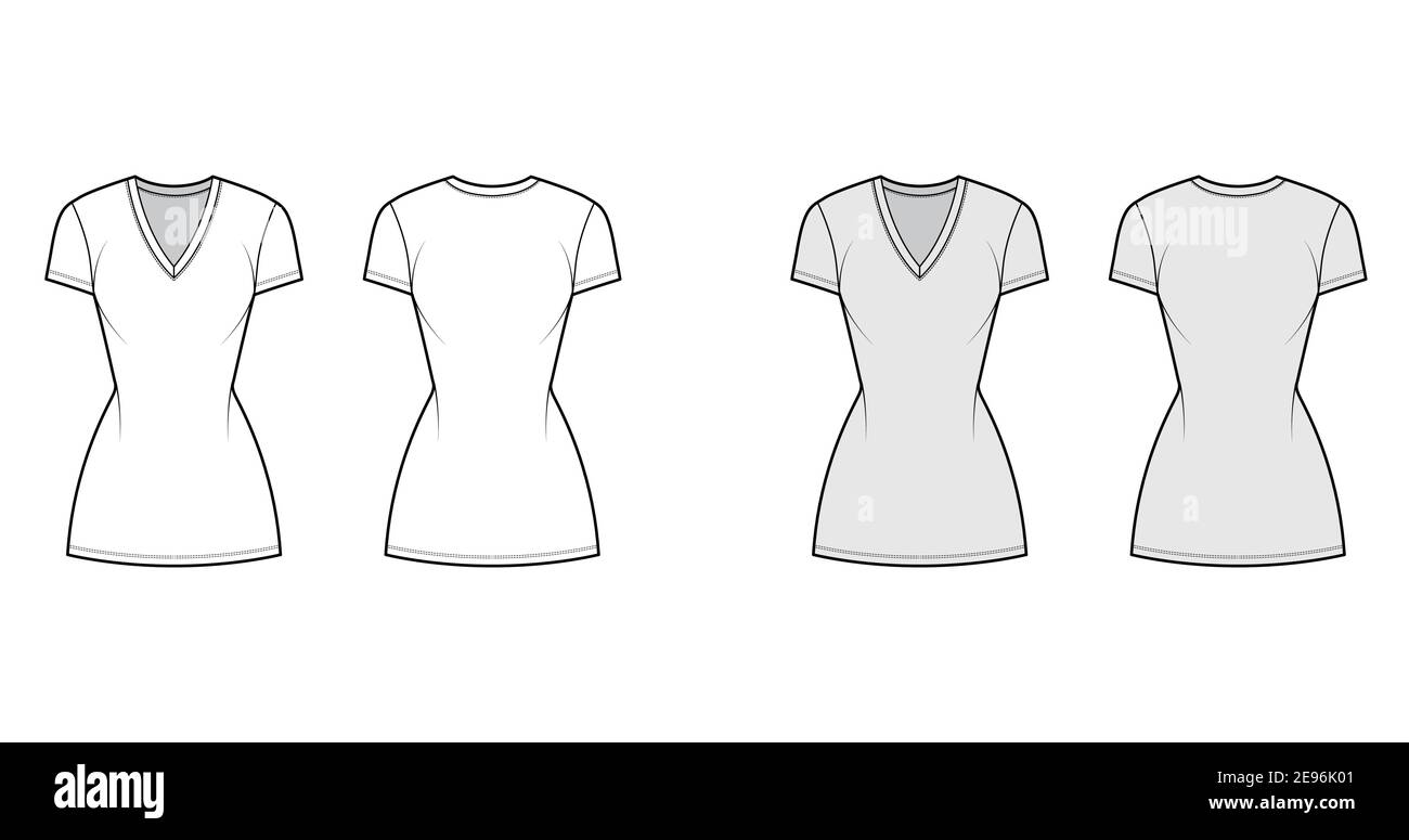 T-shirt dress technical fashion illustration with V-neck, short sleeves, mini length, fitted body, Pencil fullness. Flat apparel template front, back, white, grey color. Women, men, unisex CAD mockup Stock Vector