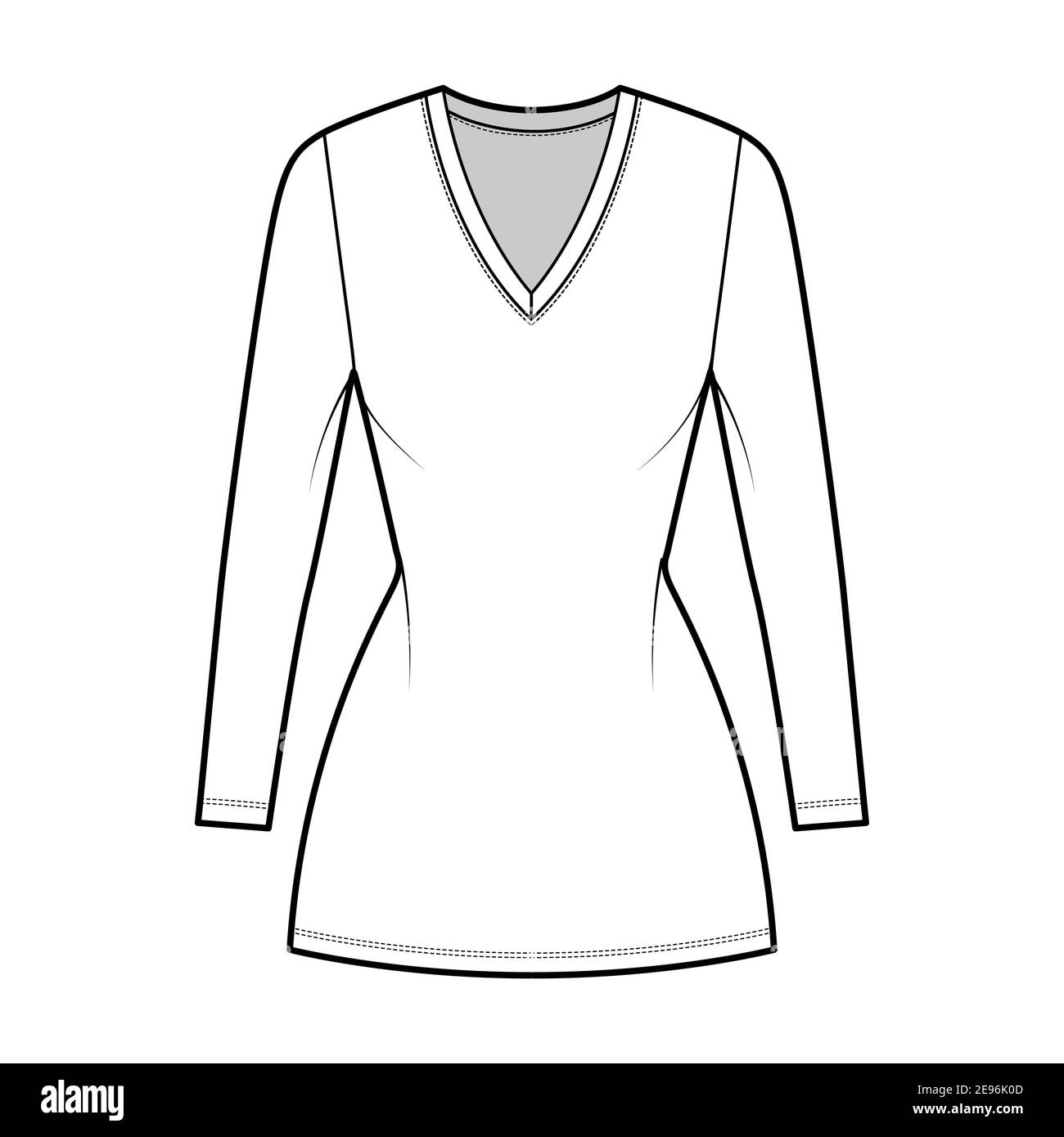 T-shirt dress technical fashion illustration with V-neck, long sleeves, mini length, fitted body, Pencil fullness. Flat apparel template front, white color. Women, men, unisex CAD mockup Stock Vector