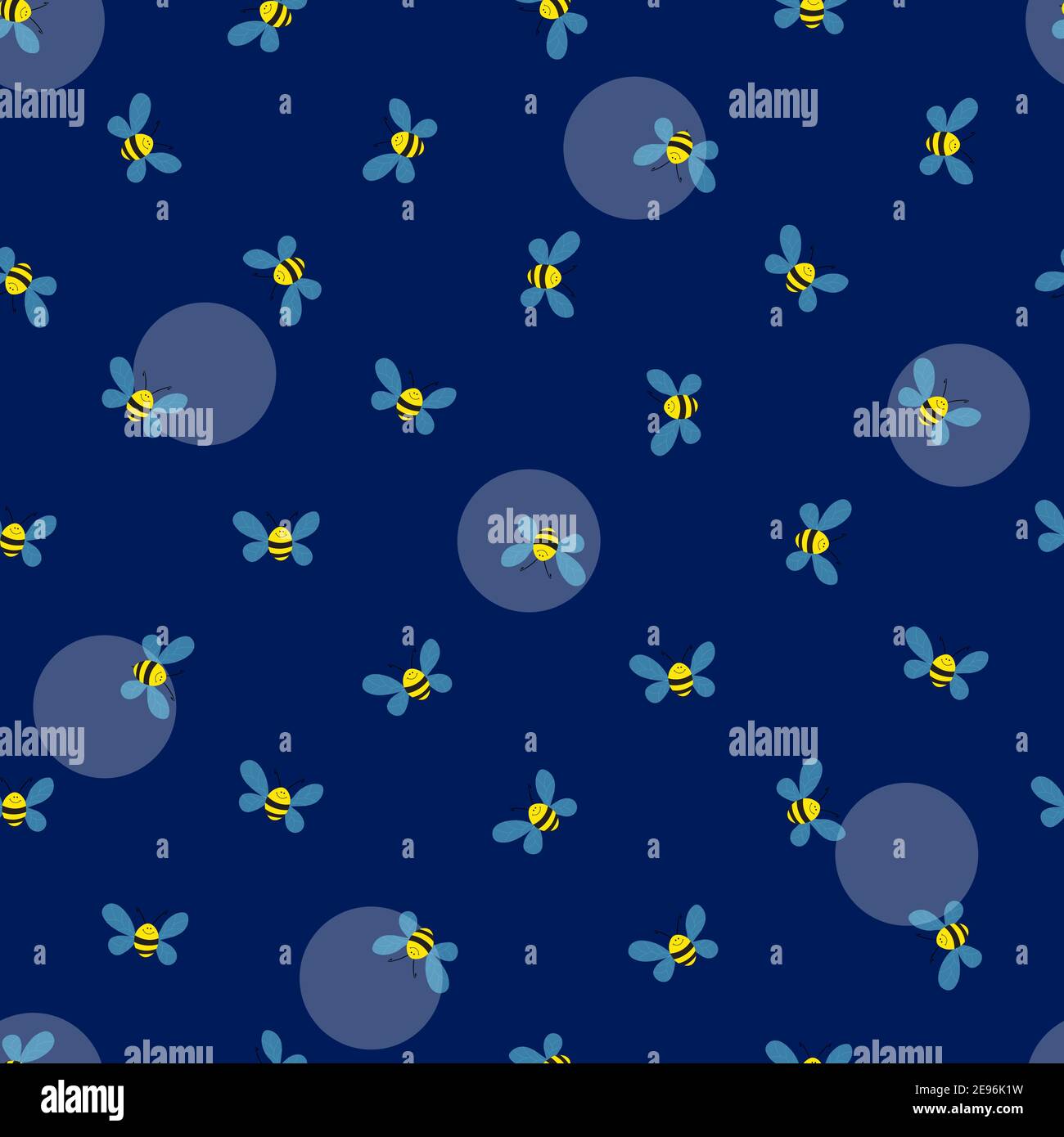 Seamless pattern with bees on blue background. Adorable cartoon wasp ...