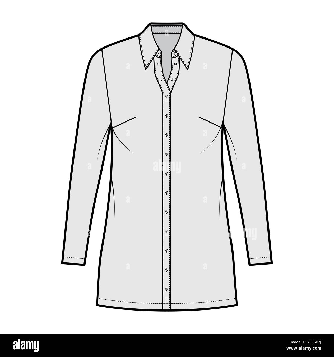 Shirt dress technical fashion illustration with classic regular collar