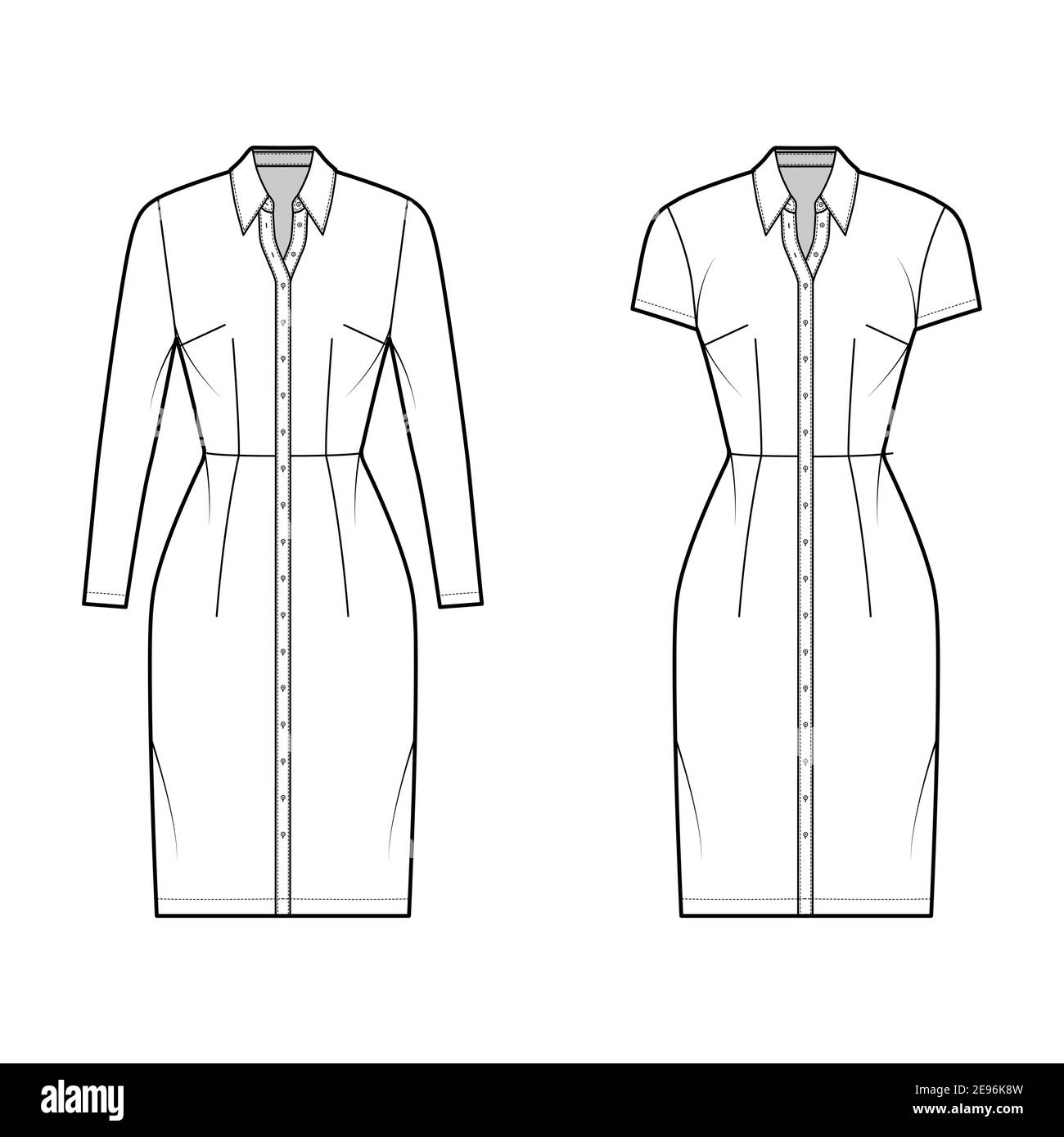 Shirt dress technical fashion illustration with classic collar, knee  length, fitted body, Pencil fullness, button up. Flat apparel template  front, white color. Women, men, unisex CAD mockup Stock Vector Image & Art -
