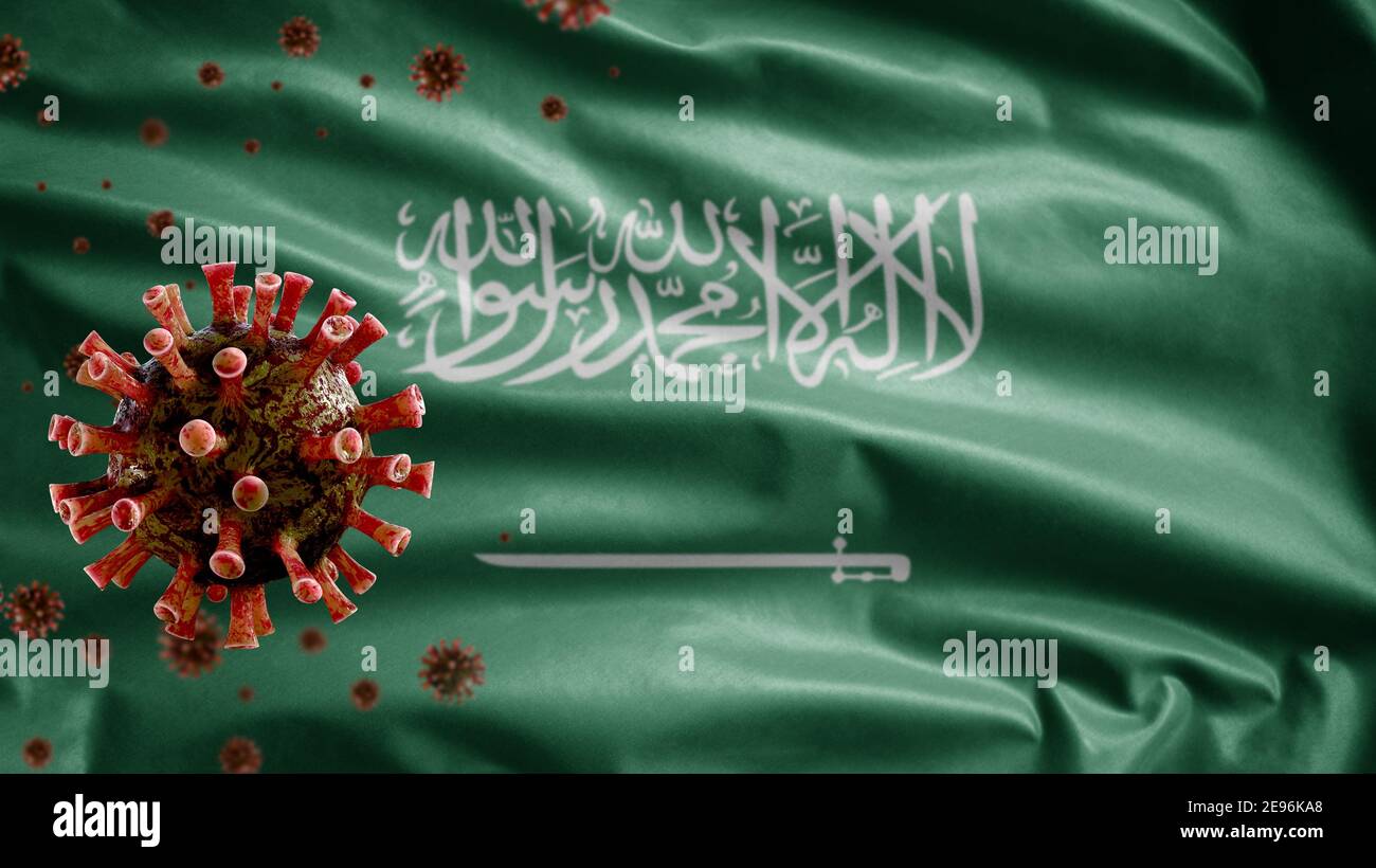 Kingdom Saudi Arabia flag waving and Coronavirus 2019 nCov concept. Asian outbreak in KSA, coronaviruses influenza as dangerous flu strain cases as a Stock Photo