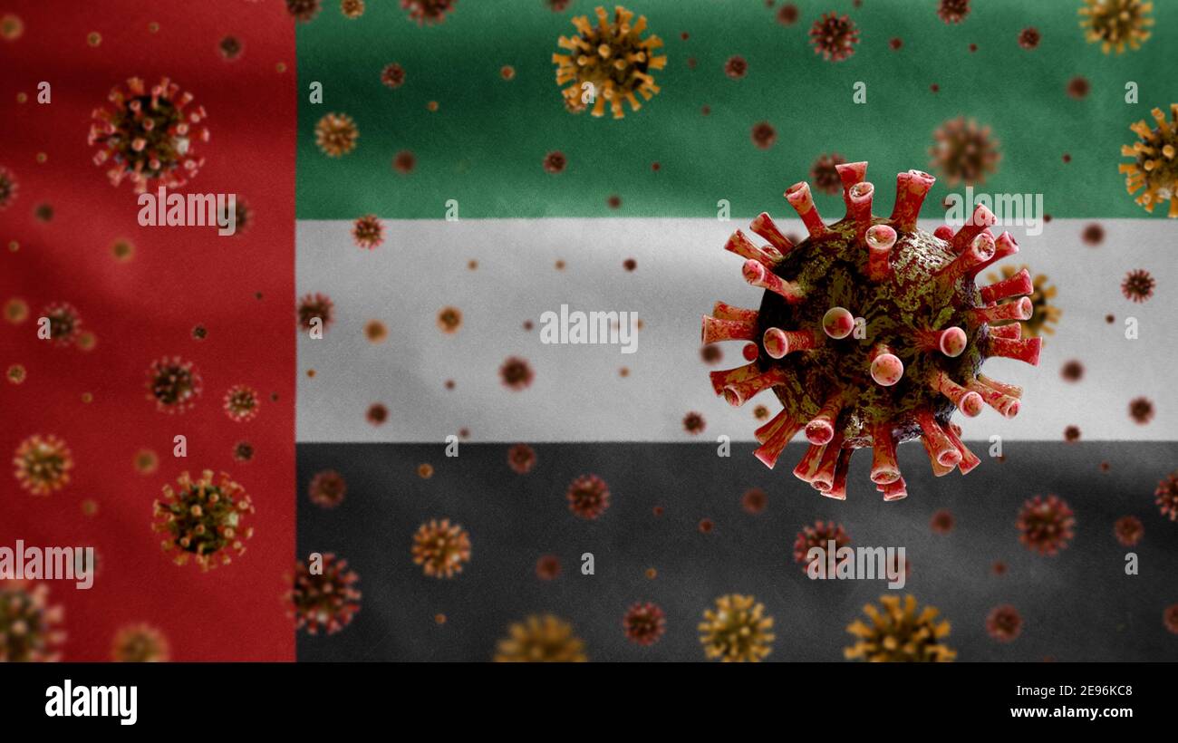 Flu coronavirus floating over United Arab Emirates flag, a pathogen that attacks the respiratory tract. UAE banner waving with pandemic of Covid19 vir Stock Photo
