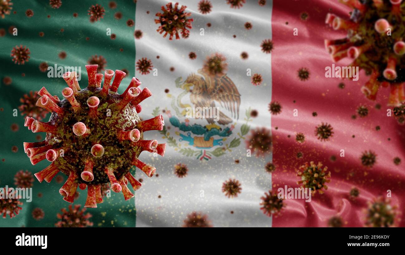 Flu coronavirus floating over Mexican flag, a pathogen that attacks the respiratory tract. Mexico banner waving with pandemic of Covid19 virus infecti Stock Photo