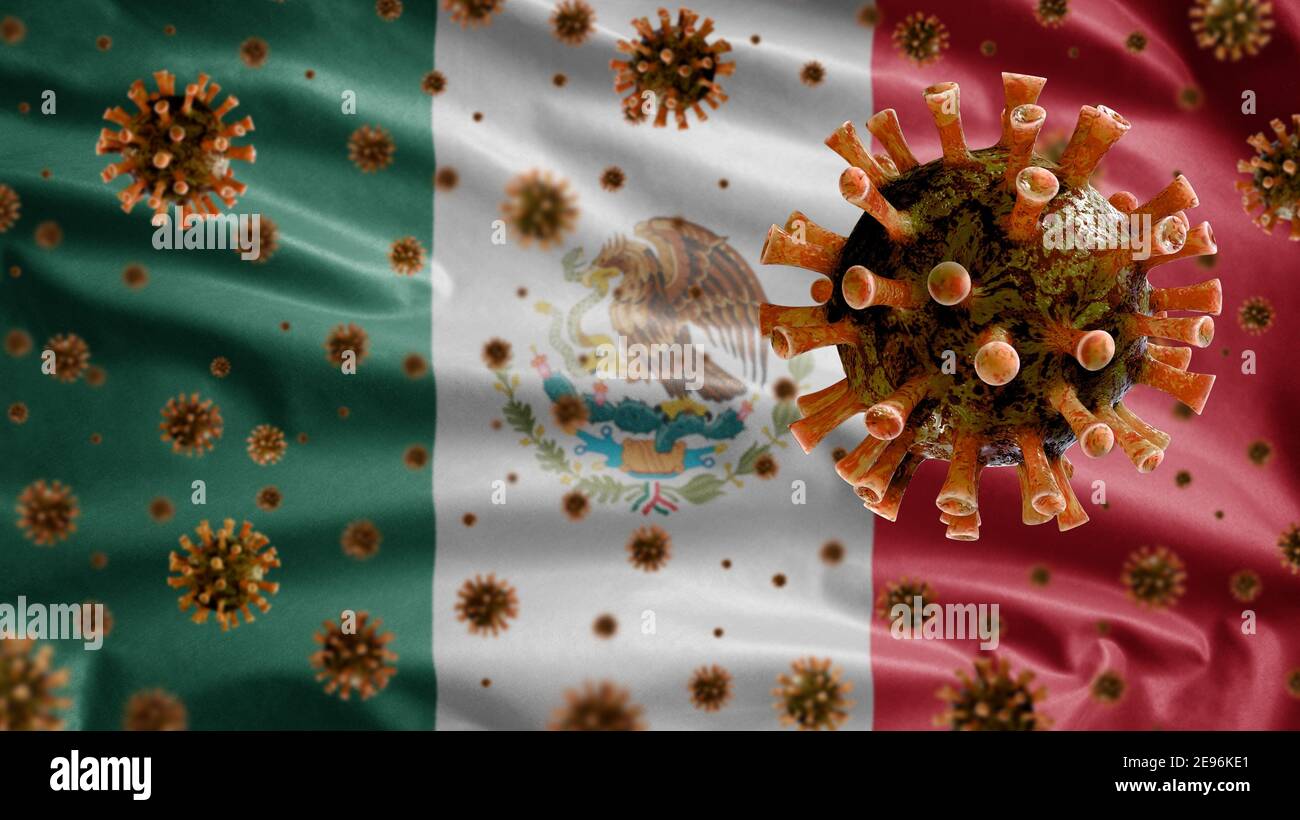 Mexican flag waving and Coronavirus 2019 nCov concept. Asian outbreak in Mexico, coronaviruses influenza as dangerous flu strain cases as a pandemic. Stock Photo