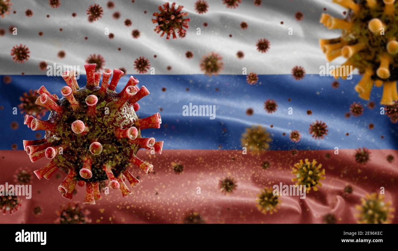 Russian flag waving with Coronavirus outbreak infecting respiratory system as dangerous flu. Influenza type Covid 19 virus with national Russia banner Stock Photo