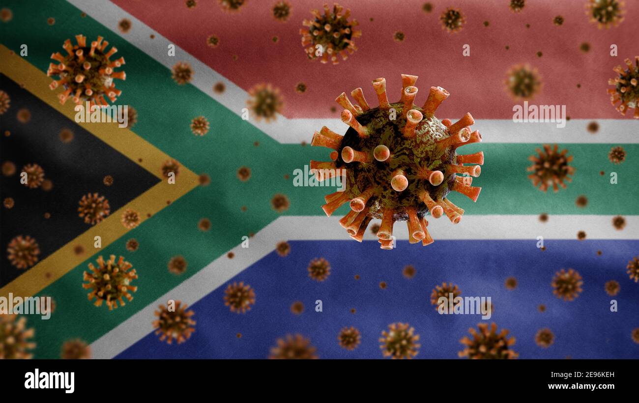 Flu coronavirus floating over African RSA flag, a pathogen that attacks