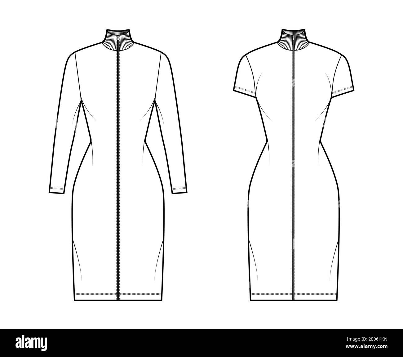 Turtleneck zip-up dress technical fashion illustration with long, short sleeves, knee length, fitted body, Pencil fullness. Flat apparel template front, white color. Women, men, unisex CAD mockup Stock Vector