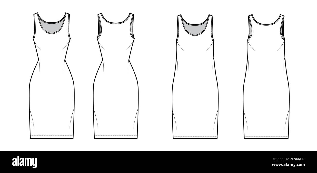 Tank dress technical fashion illustration with scoop neck, straps, knee ...