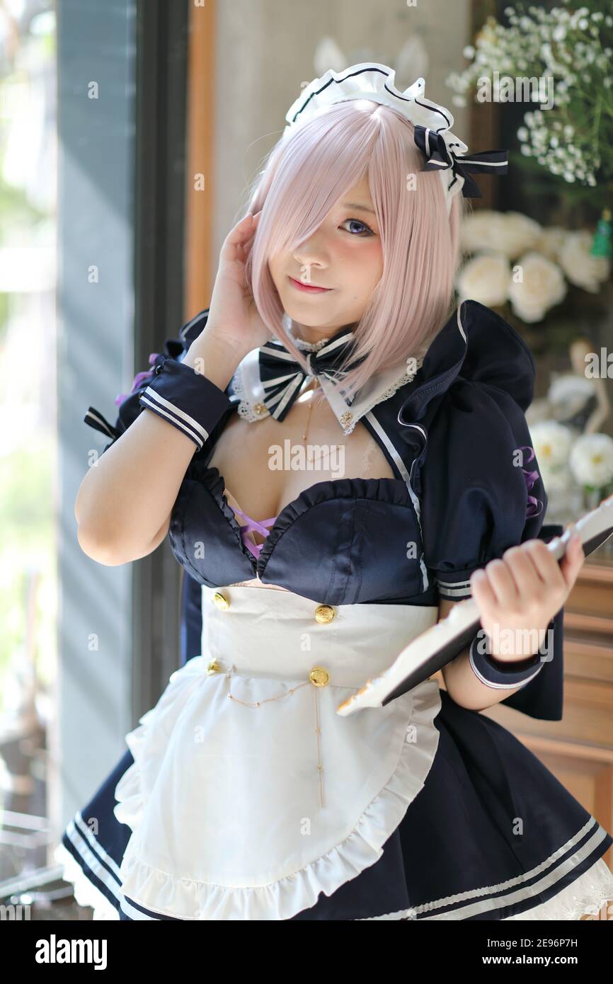 Portrait of Japan Anime Cosplay Woman  White Japanese Maid in White Tone  Room Stock Image  Image of costume comic 149599311