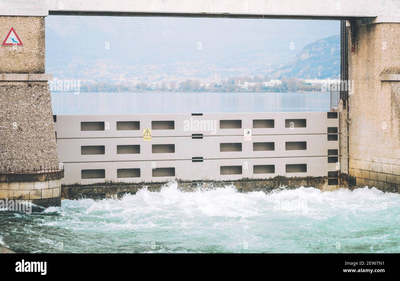 Italian dam - Diga di Olginate - divides the lakes Garlate and Olginate, regulates the Lake Como level and distribute outflows between the irrigation Stock Photo