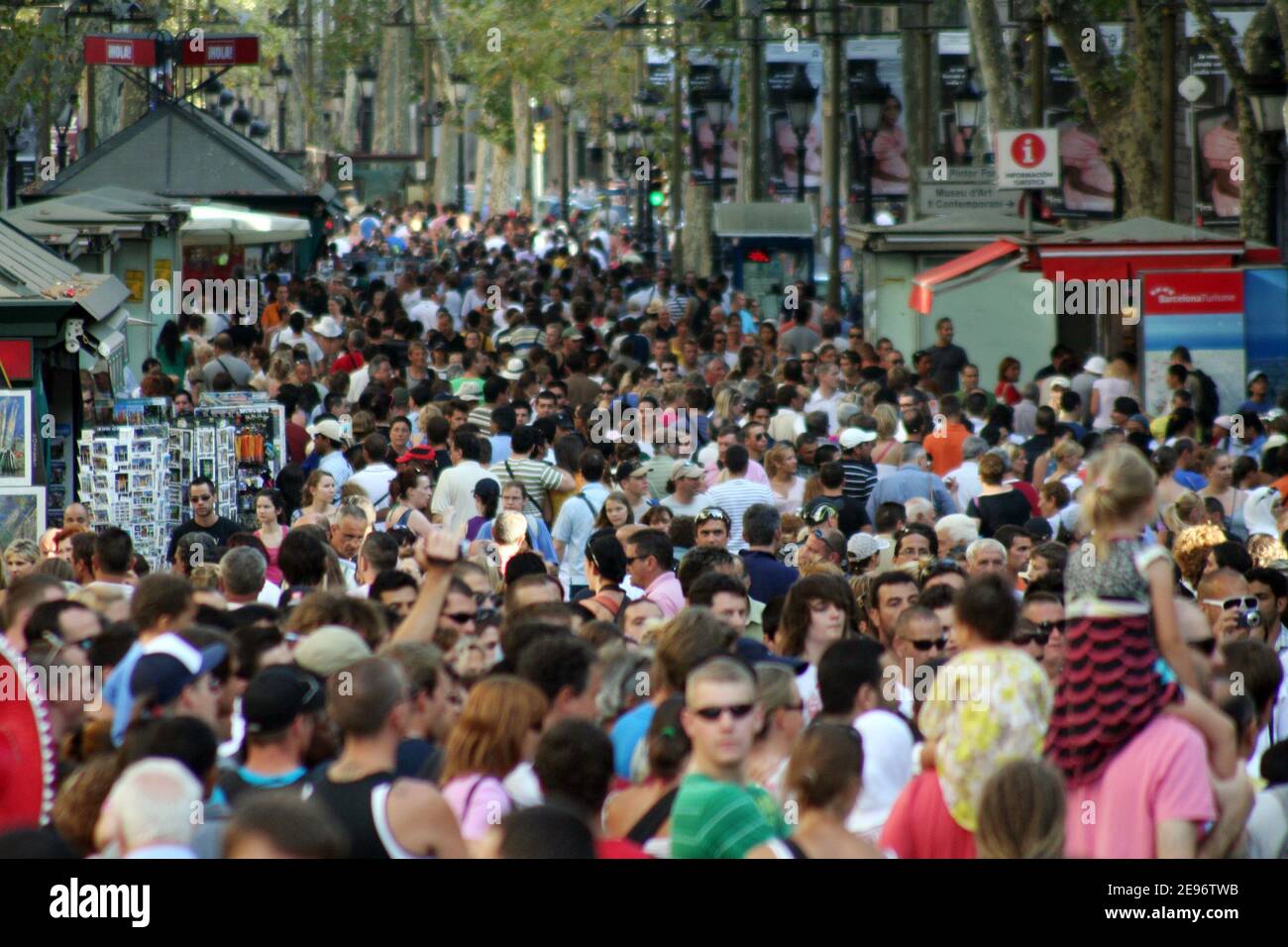 Famous street La Rambla in Barcelona, Spain. Thousands of people walk daily by this popular pedestrian area 1.2 kilometer long. Stock Photo
