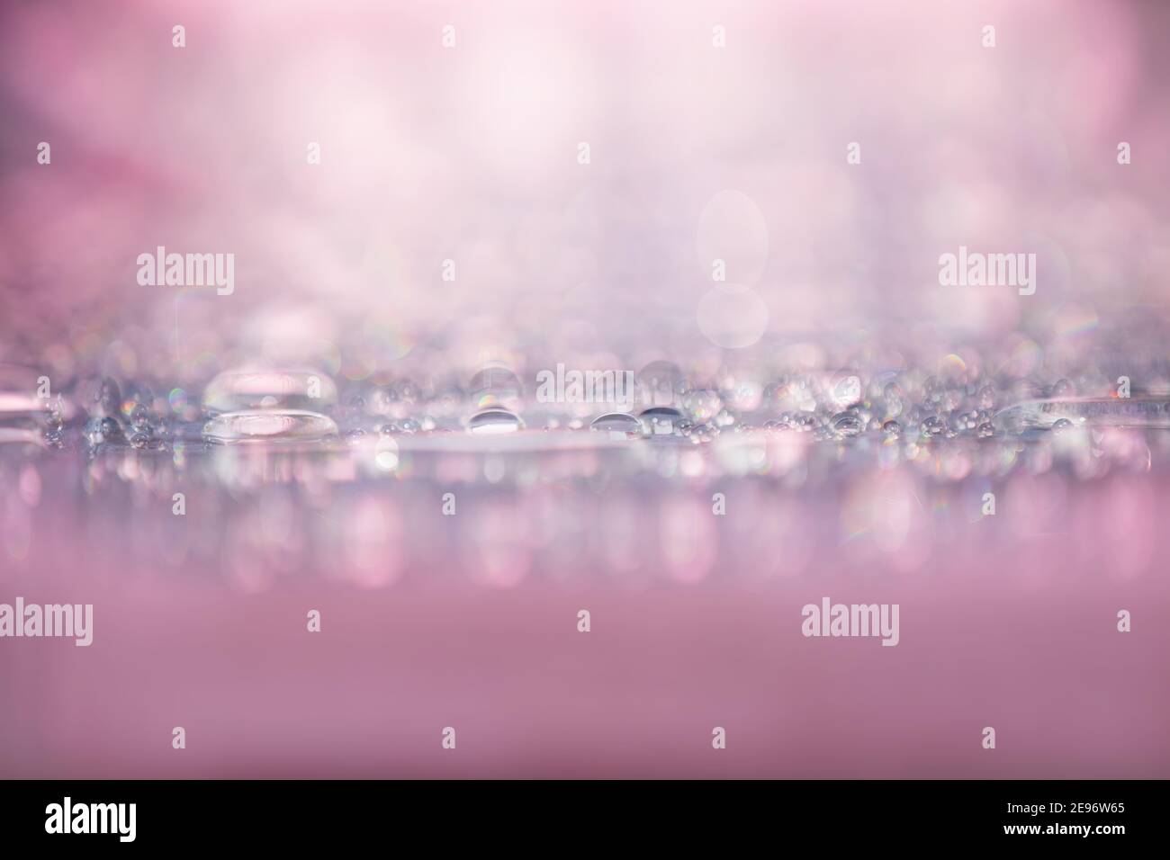 Water drops sparkling and twinkling on pink surface, abstract background Stock Photo