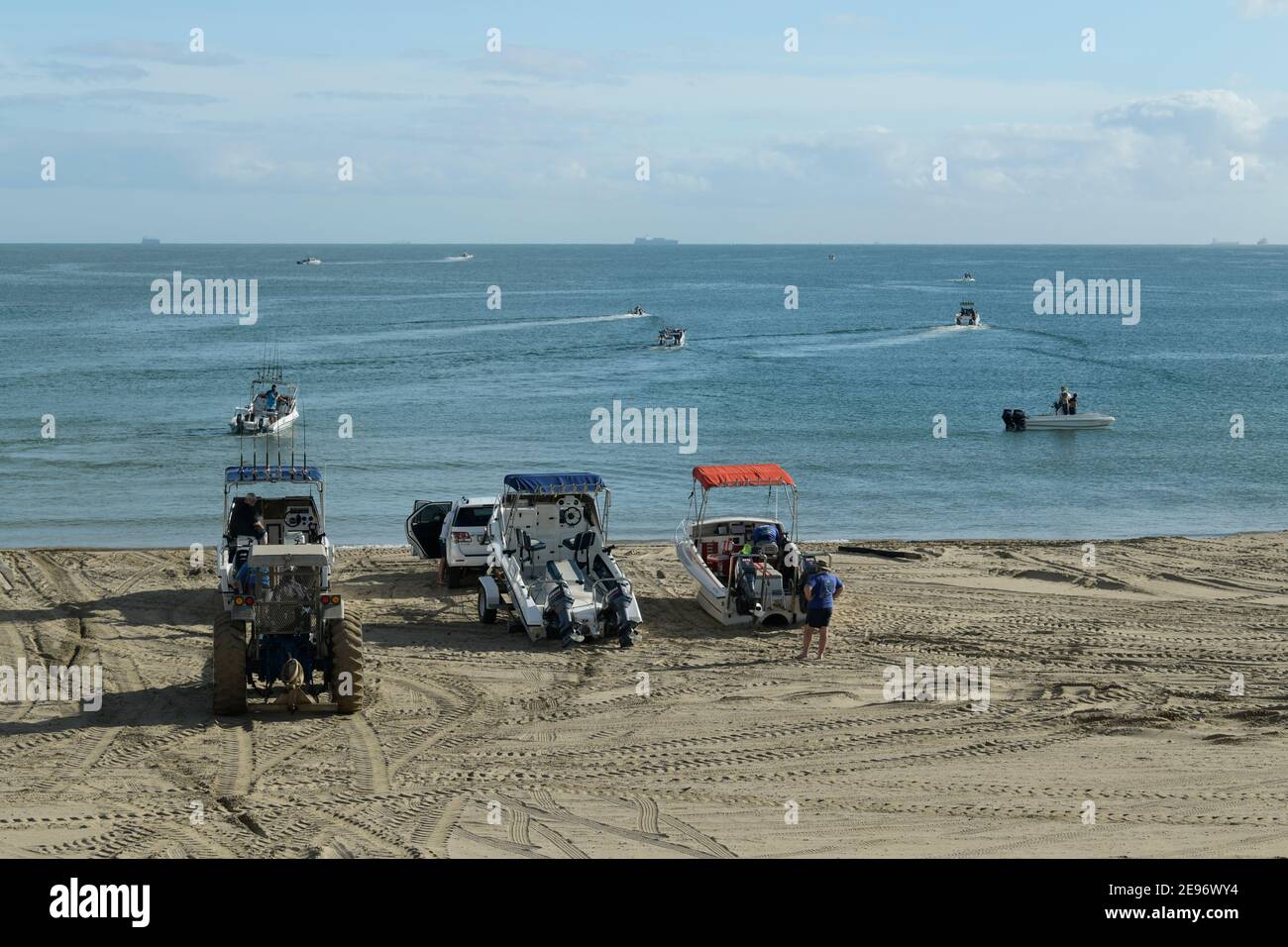 Sport fishing, boats on beach, Point beachfront, Durban, South Africa, beautiful landscape, people, motorboat, catch fish, saltwater angling, seaside Stock Photo