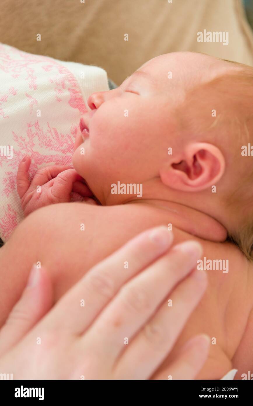 Mother’s hand patting back of one-week-old newborn baby girl. Stock Photo