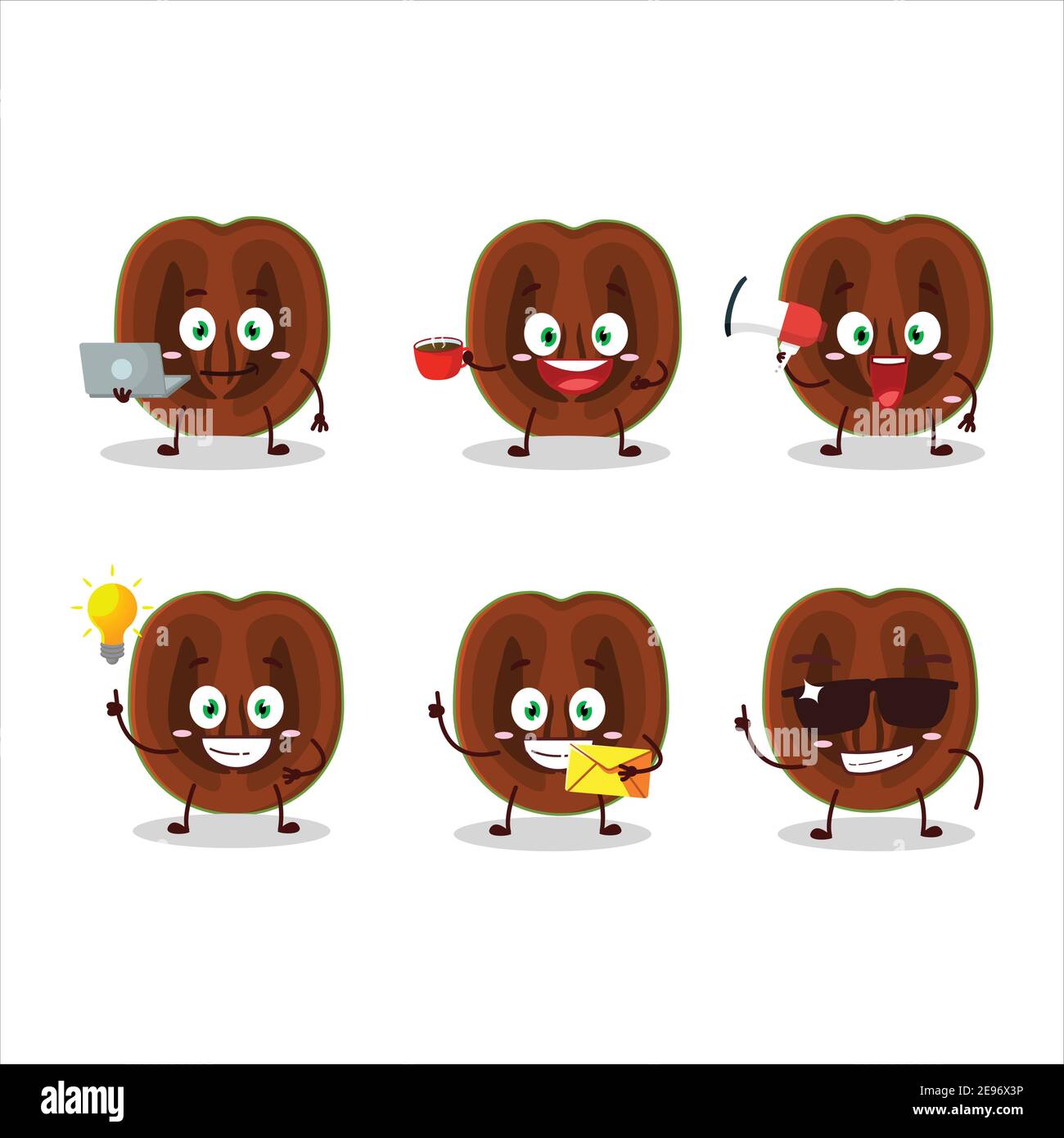 Slice of black sapote cartoon character with various types of business emoticons. Vector illustration Stock Vector