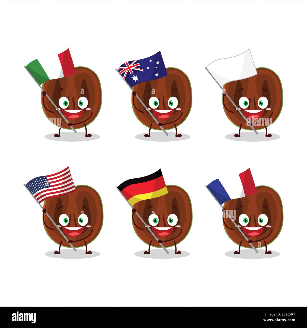 Slice of black sapote cartoon character bring the flags of various countries. Vector illustration Stock Vector