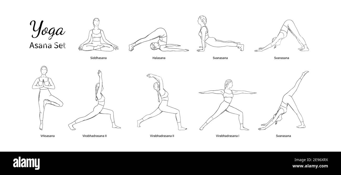 Yoga set with asana names. Set of woman exercising yoga ...