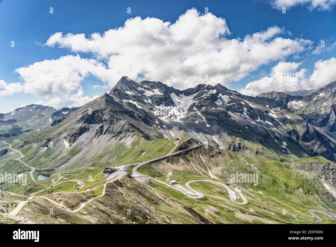 Mountain view of serpentine winding high alpine road view from Edelweissspitze in Grossglockner Austria Stock Photo