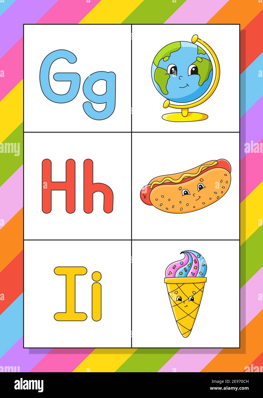 English alphabet with cartoon characters. Flash cards. Vector set. Bright  color style. Learn ABC. Lowercase and uppercase letters Stock Vector Image  & Art - Alamy