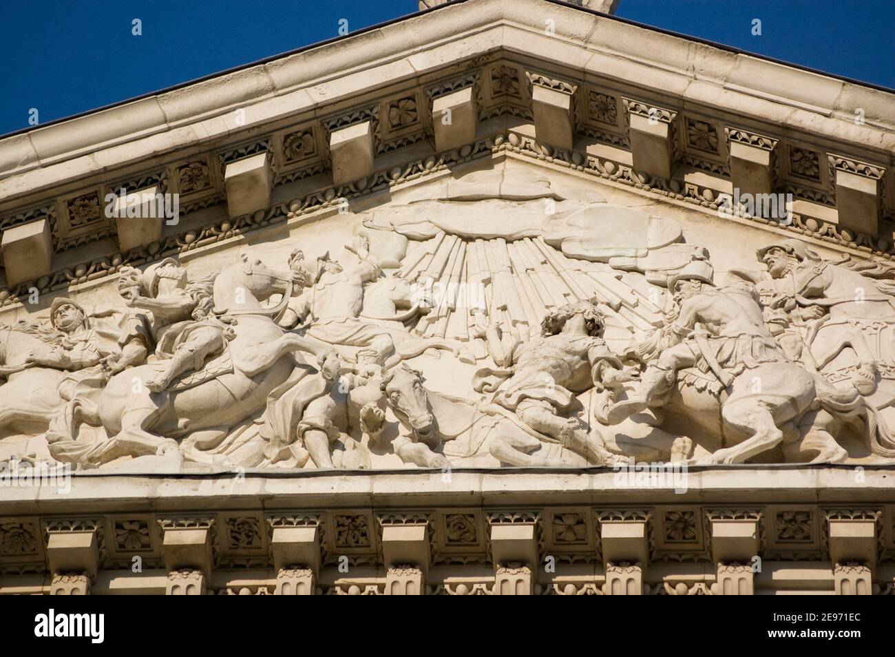 Sculpture on the West pediment of St Paul's Cathedral in the City of London showing the conversion of Saint Paul. Sculpted in 1706 by Francis Bird (16 Stock Photo