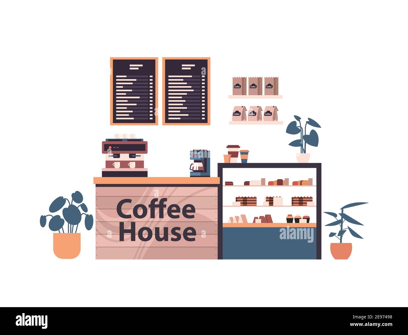 coffee shop counter modern coffee house interior isolated horizontal vector illustration Stock