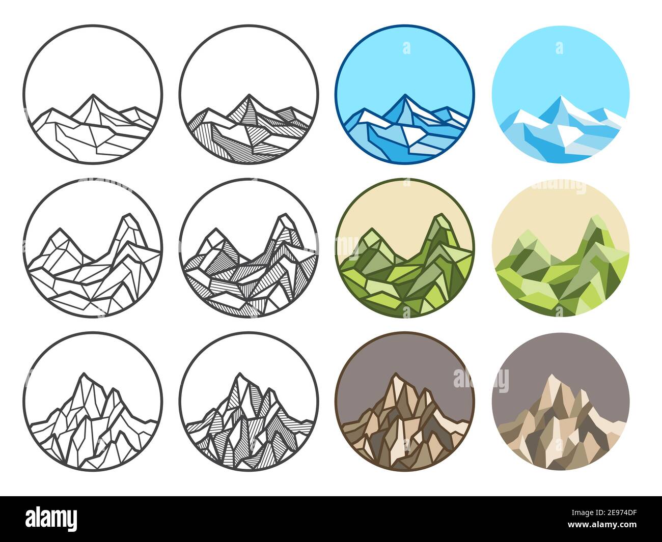 Mountain line art polygon vector illustration. Linear,shadow,colored line,flat styles. Design in round shape and copy space for decoration and logo de Stock Vector