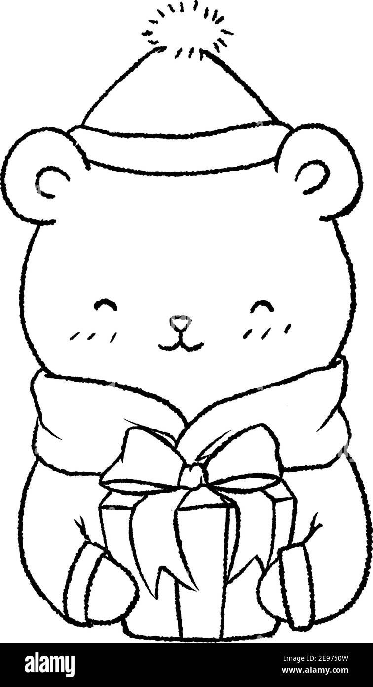 Bear in a hat holds a gift box in hand. Cartoon style half body. Line art for coloring Stock Vector