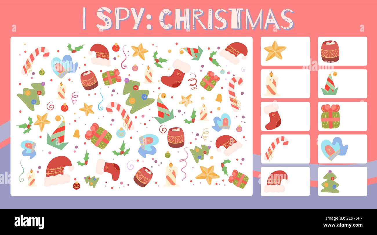 I spy game. Educational entertainment for preschool and younger school age. Christmas holiday. Winter entertainment. Flat cartoon style. How many item Stock Vector