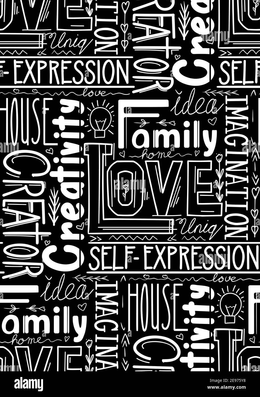 Seamless pattern with different words. Lettering composition of words