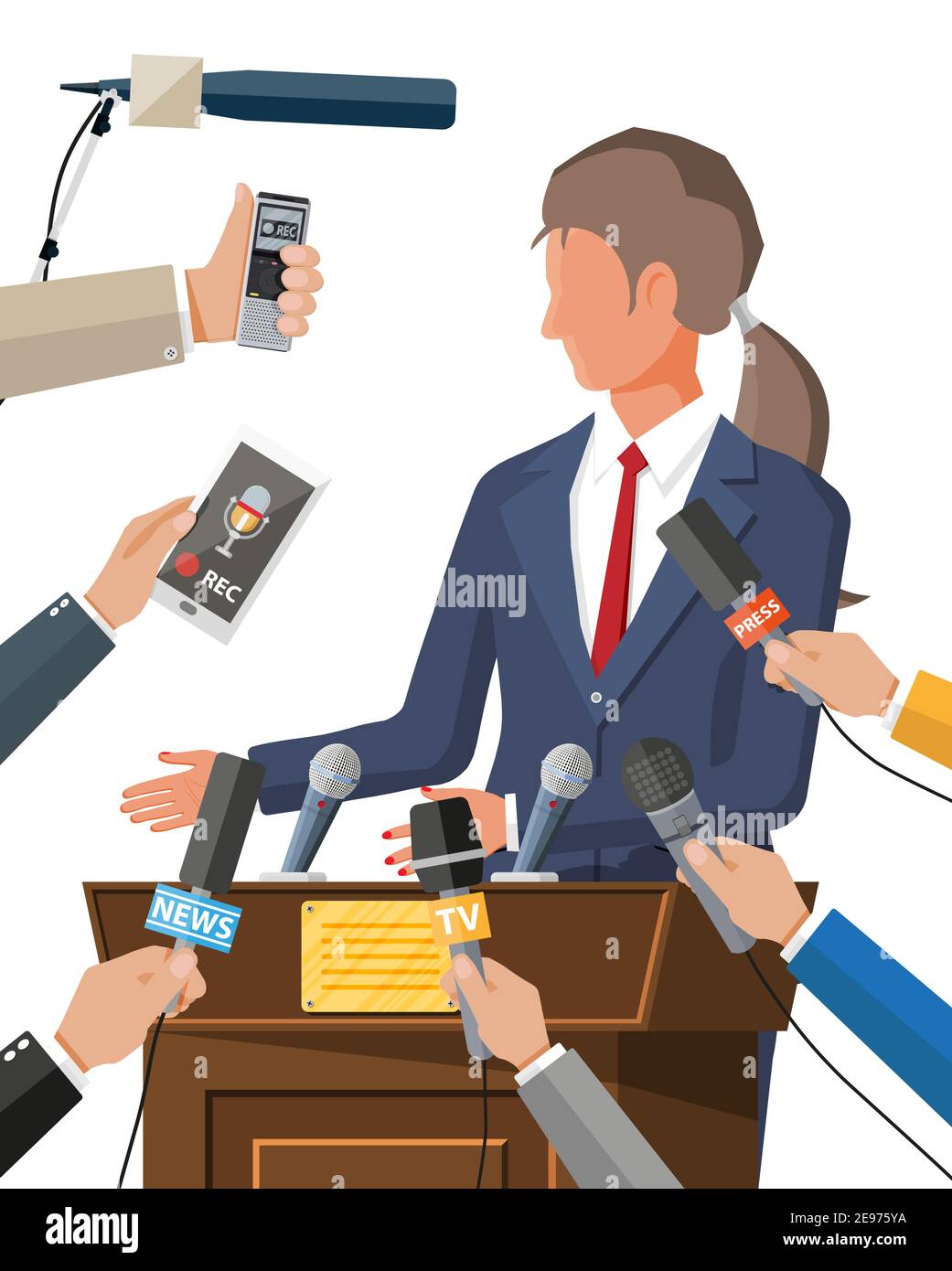 Public speaker. Rostrum, tribune and hands of journalists with