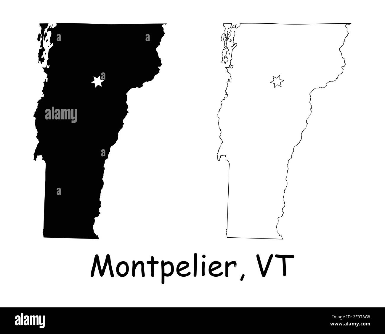 Vermont VT state Map USA with Capital City Star at Montpelier. Black silhouette and outline isolated maps on a white background. EPS Vector Stock Vector