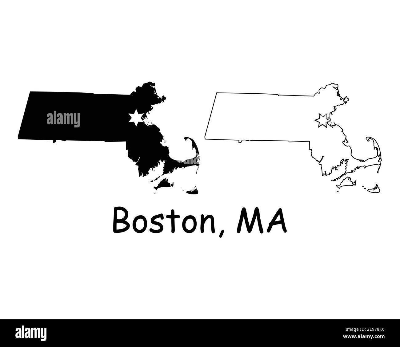 Massachusetts Ma State Map Usa With Capital City Star At Boston Black Silhouette And Outline Isolated On A White Background Eps Vector 2E978K6 