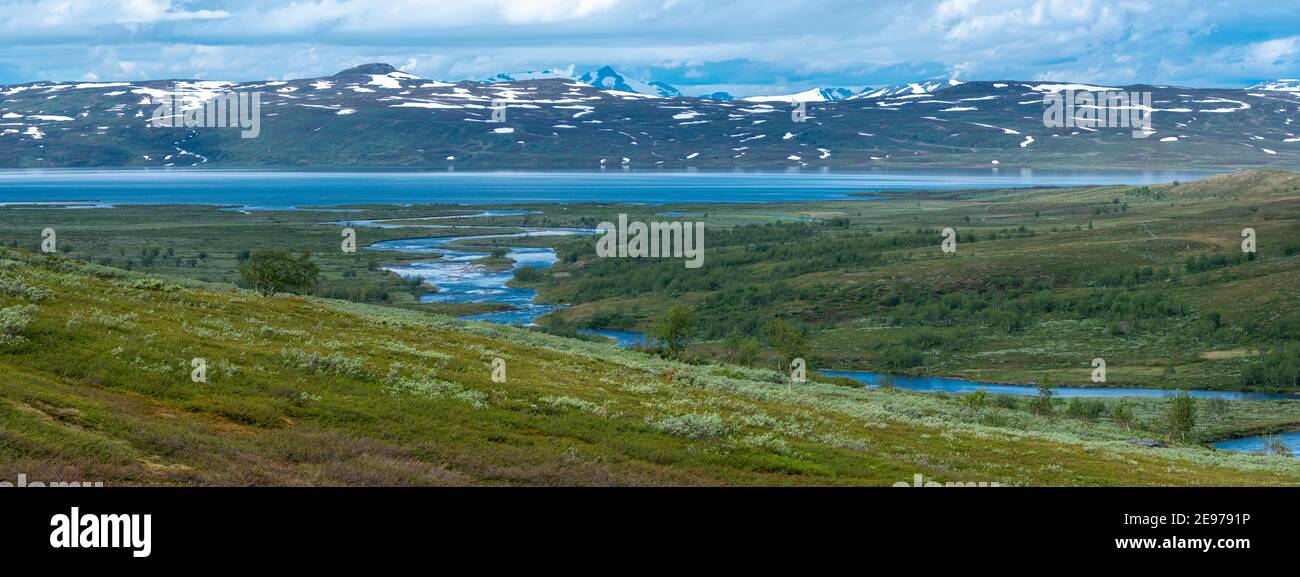 Beautiful Meandering River delta LaddeJahka flowing out Vastenjaure Stock Photo