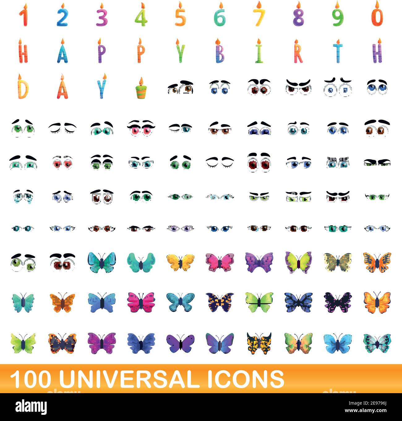 100 universal icons set. Cartoon illustration of 100 universal icons vector set isolated on white background Stock Vector