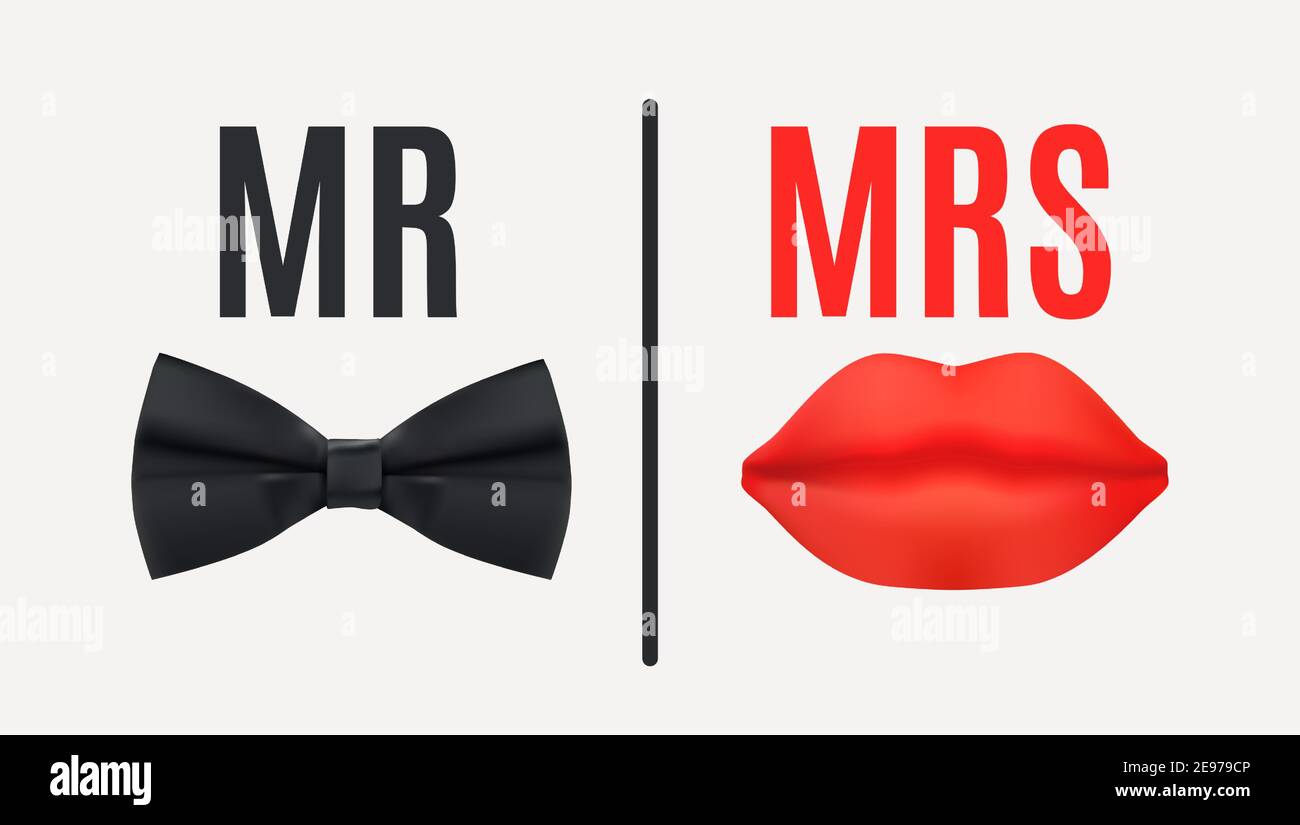 Mr. and Mrs. Sign with Black bow tie and Red Lips. 3d Vector