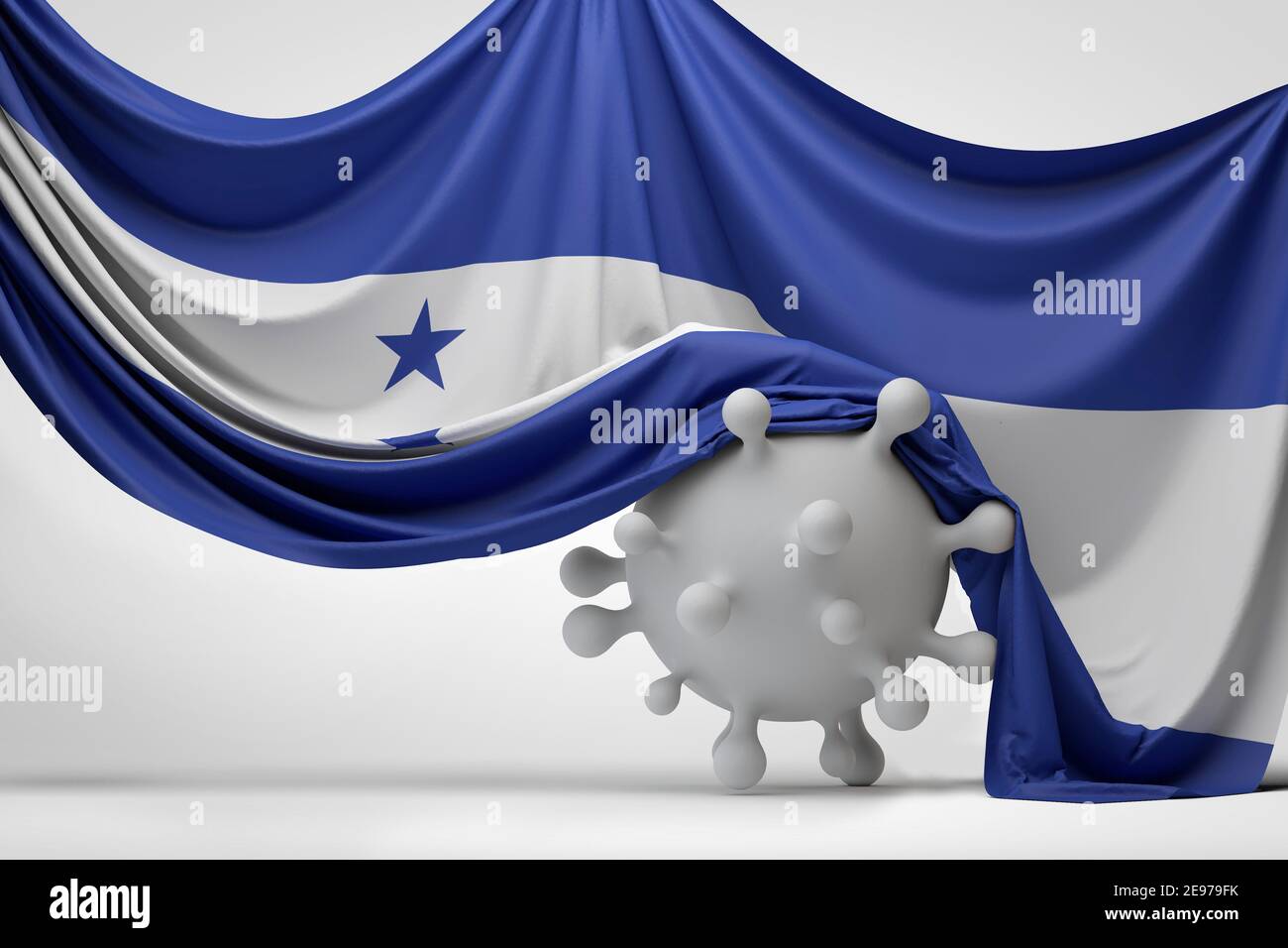 Honduras national flag draped over a Covid virus disease molecule. 3D Rendering Stock Photo