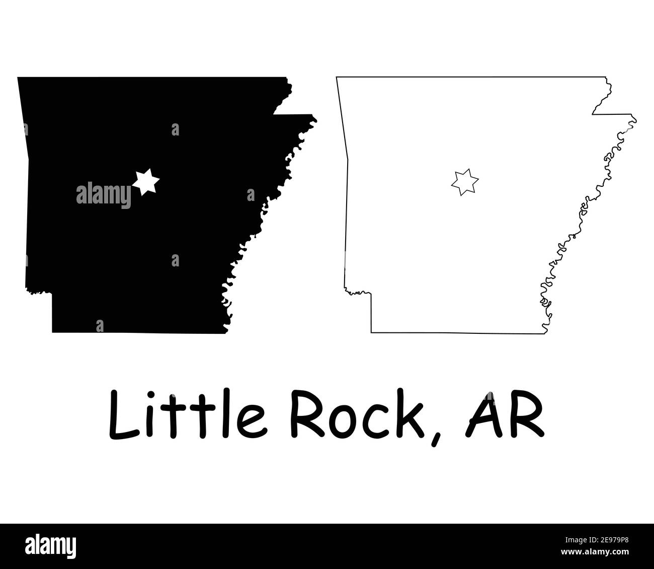 Arkansas AR state Map USA with Capital City Star at Little Rock. Black silhouette and outline isolated maps on a white background. EPS Vector Stock Vector