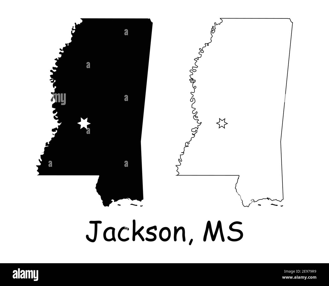 Mississippi MS state Map USA with Capital City Star at Jackson. Black