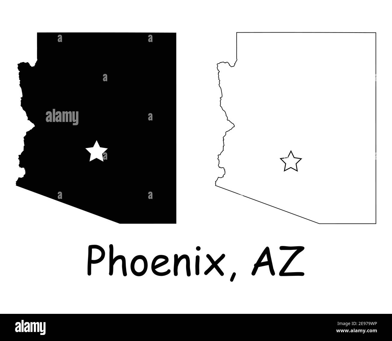 Arizona AZ state Map USA with Capital City Star at Phoenix. Black silhouette and outline isolated maps on a white background. EPS Vector Stock Vector