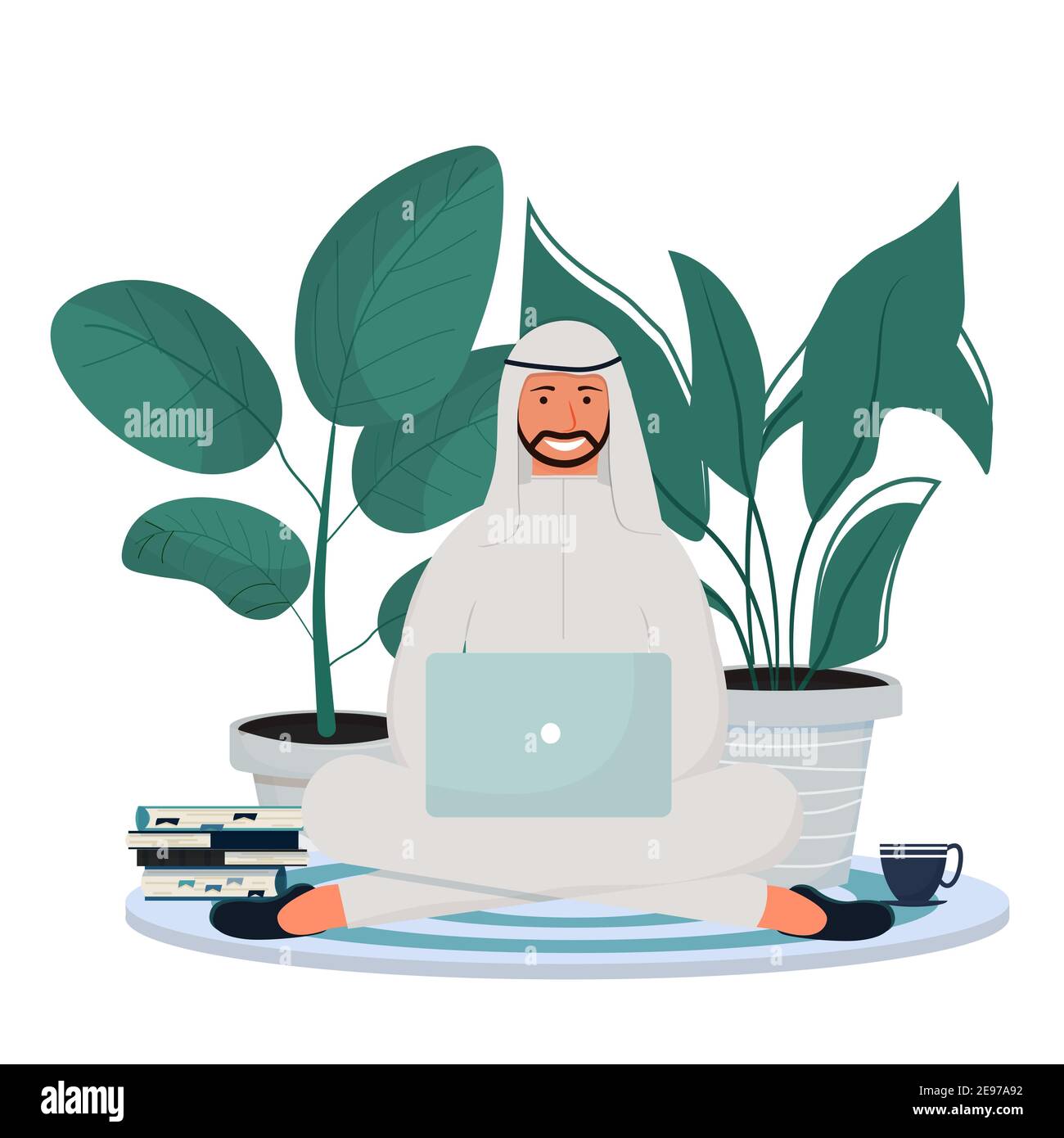 Arab man in traditional clothes sitting with laptop. Online education, freelance concept. Happy, smiling character, successful and productive in flat style. Vector illustration Stock Vector