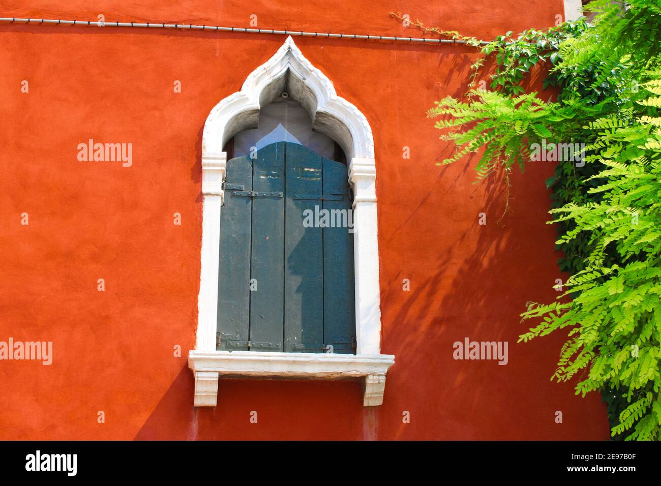White arabesque window on orange wall and green plant on the side Stock ...