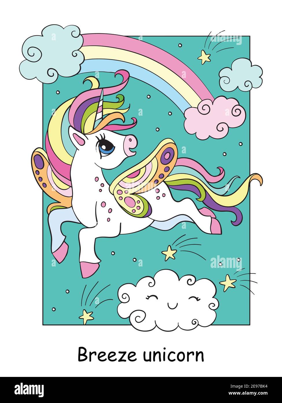Cute unicorn with wings flying in the sky. Vector cartoon colorful ...