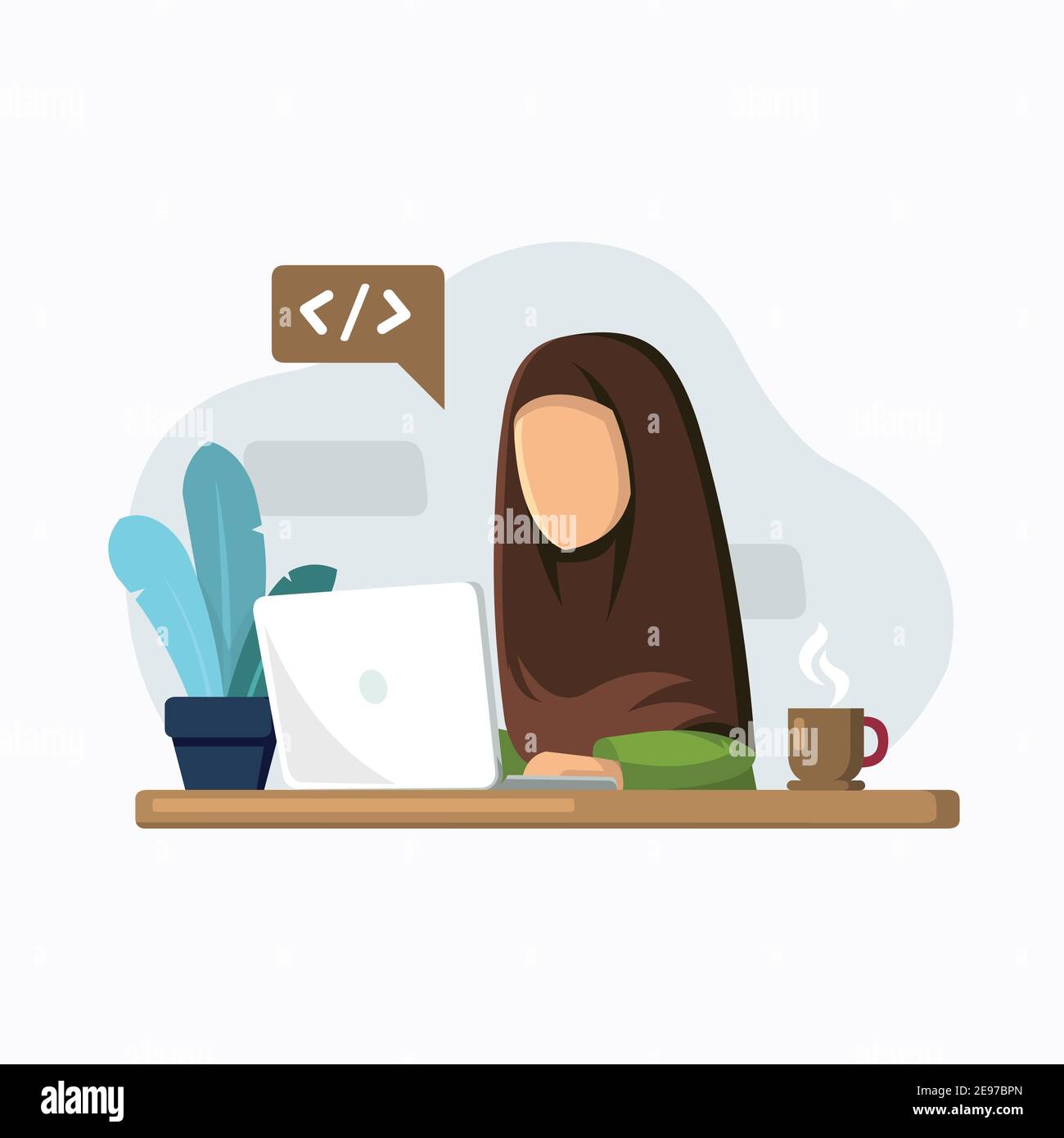 Woman character working or studying programming language with her laptop Stock Vector